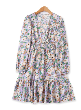 高腰连衣裙秋新款外贸女装减龄显瘦V领双层荷叶边长袖印花裙13397