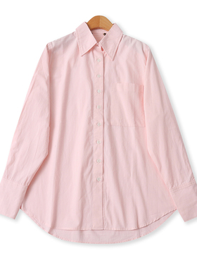 休闲棉衬衫秋季新款外贸女装百搭糖果色单排扣宽松长袖上衣19023