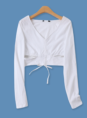 时尚衬衫秋季新款外贸女装露腰抽褶V领短款弹力修身长袖上衣13445