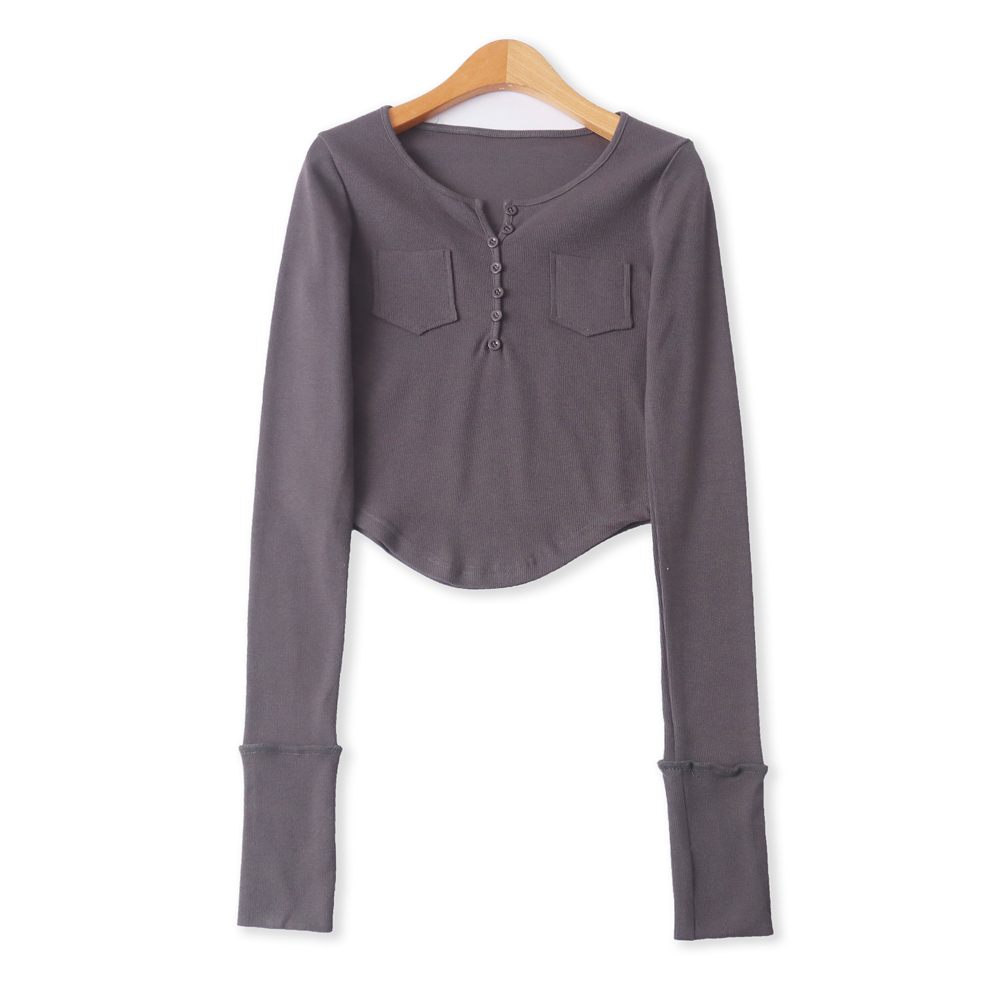 双口袋T恤春季新款外贸女装百搭糖果色修身套头长袖短款打底19204