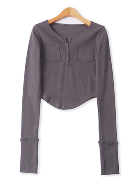 双口袋T恤春季新款外贸女装百搭糖果色修身套头长袖短款打底19204