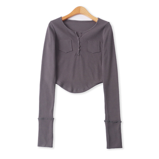 双口袋T恤春季新款外贸女装百搭糖果色修身套头长袖短款打底19204