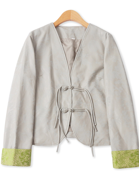 印花PU皮短外套秋新款外贸女装新中式国风盘扣修身长袖夹克18475