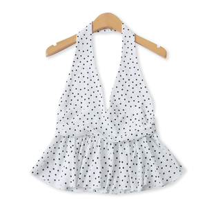 辣妹风性感深V露背荷叶边上衣19693 外贸女装 挂脖波点背心夏季 新款