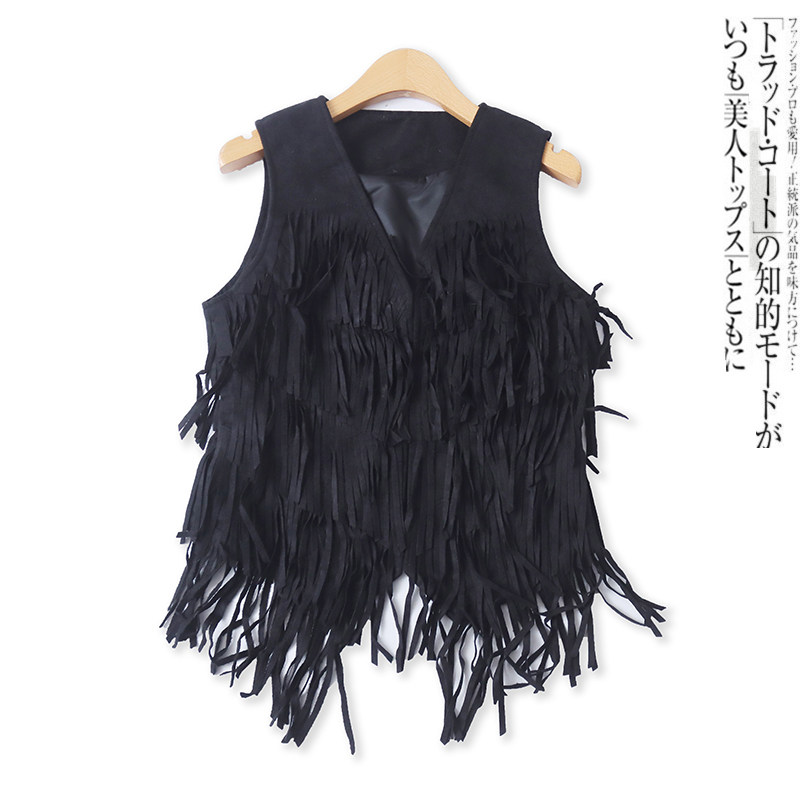 流苏马甲春季新款外贸女装百搭古着风前搭扣修身麂皮绒背心17754