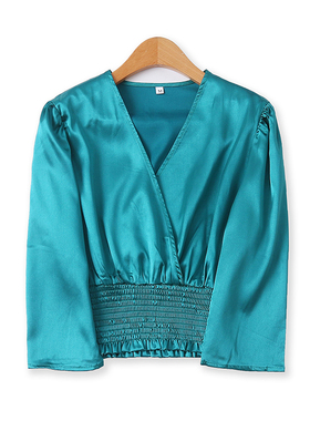 仿真丝小衫秋季新款外贸女装洋气百搭交叉V领收口七分袖上衣13412