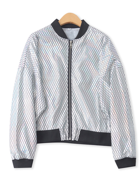 亮面夹克秋新款外贸女装时尚百搭宽松长袖撞色菱格拉链外套18447