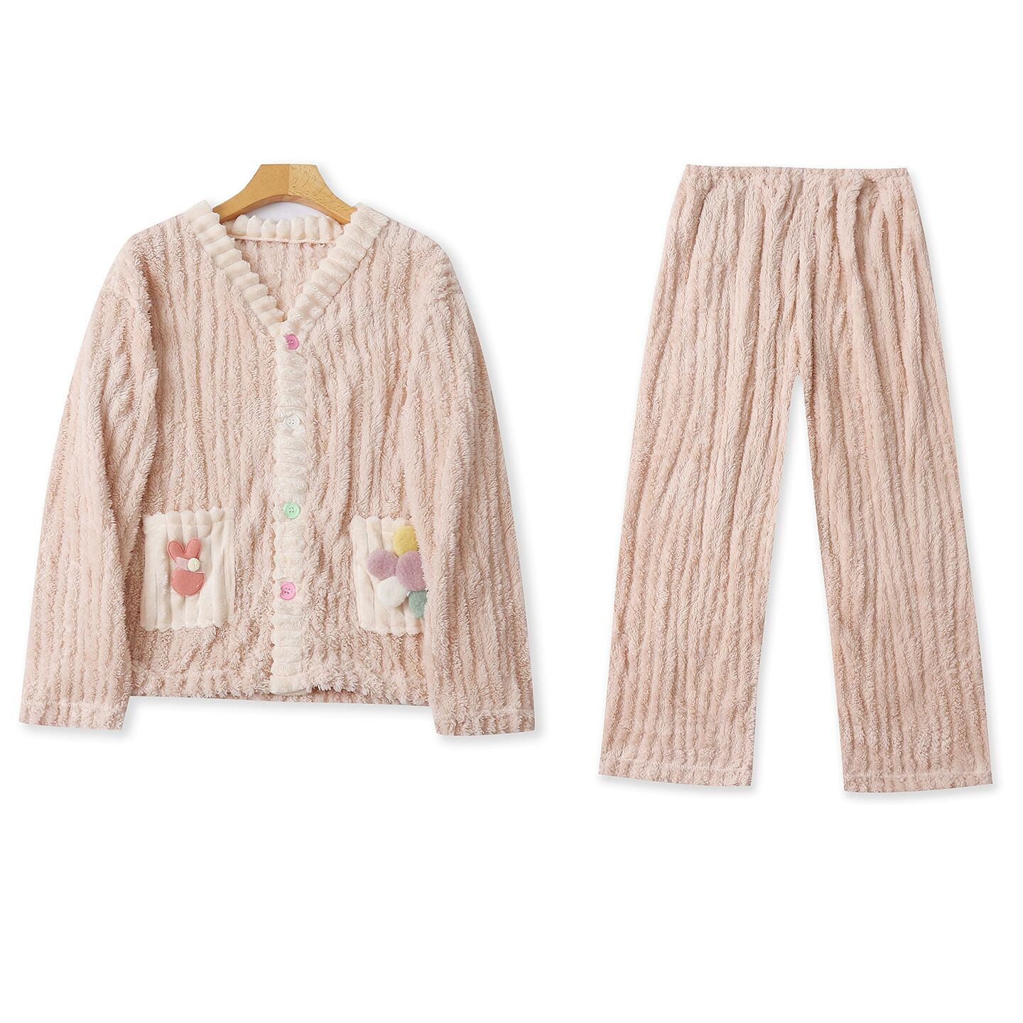 彩扣家居绒套装秋冬新款外贸女装减龄V领长袖睡衣+松紧长裤19109