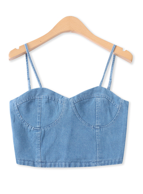 双层牛仔吊带夏新款外贸女装时尚百搭松紧褶皱修身短款背心18392