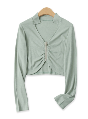 拉链打底衫春季新款外贸女装百搭高弹力修身短款翻领长袖T恤16466