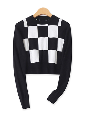 棋盘格针织衫秋季新款外贸女装时尚圆领修身短款长袖薄毛衣16992