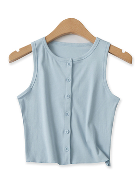 棉针织背心夏季新外贸女装百搭弹力圆领单排前扣短款修身T恤16253