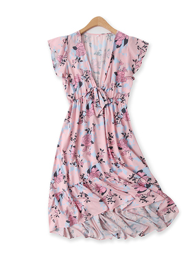 印花长裙夏季新款外贸女装甜美V领绑带高腰荷叶边短袖连衣裙15061