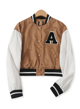 棒球服外套秋季新款外贸女装休闲短款单排扣撞色长袖夹克15983