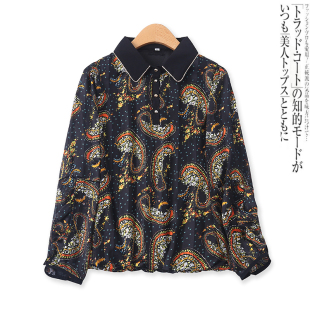 春夏季 百搭长袖 新款 复古港风修身 印花上衣12865 外贸女装 雪纺衬衫