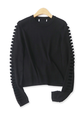 镂空毛衣秋季新款外贸女装时尚百搭圆领弹力显瘦长袖针织衫15780