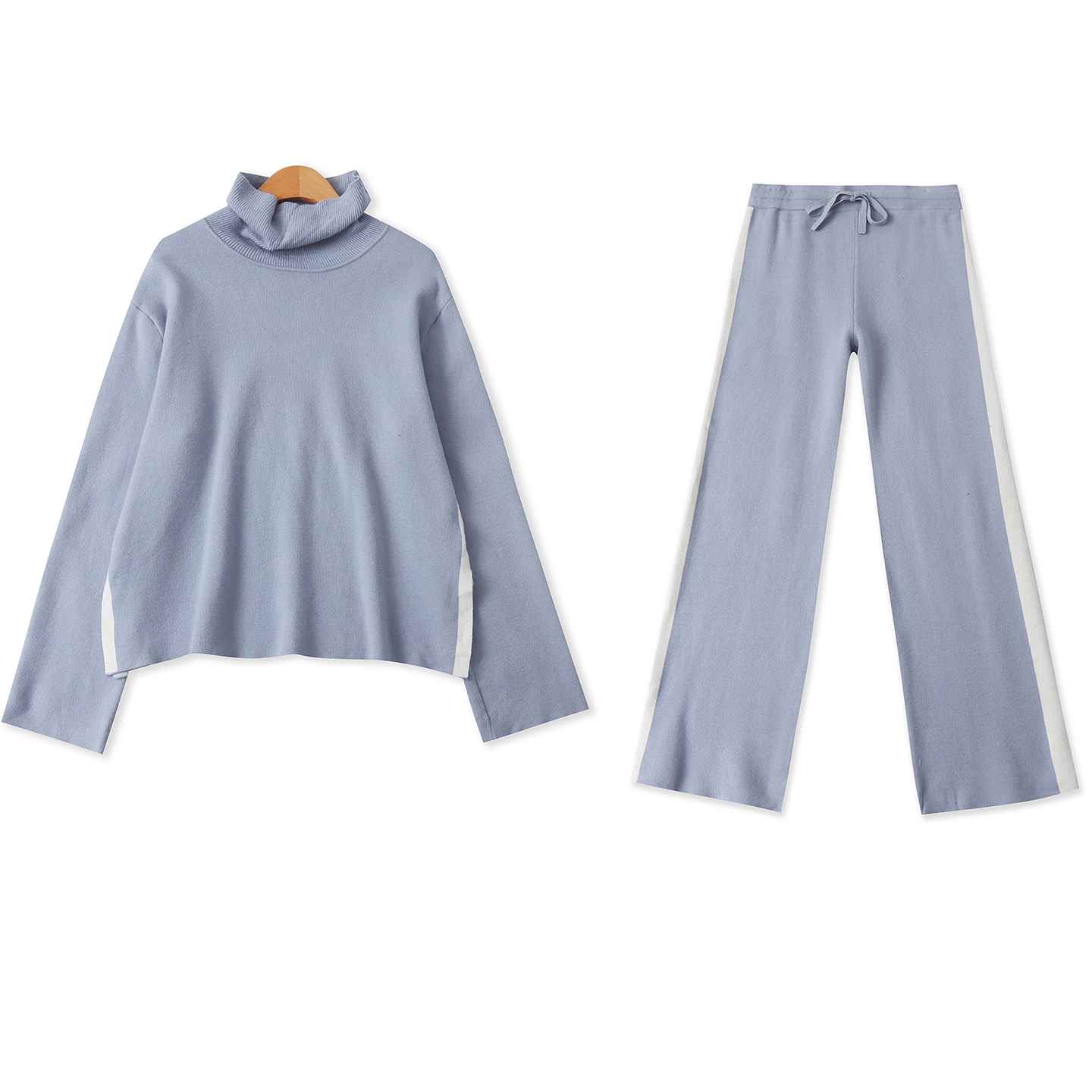 撞色针织套装秋冬新款外贸女装时尚高领长袖毛衣+松紧腰长裤19138