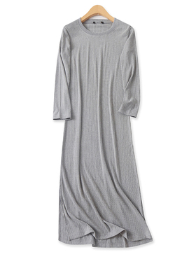 螺纹中长裙秋季新款外贸女装百搭修身圆领侧开叉长袖连衣裙17087