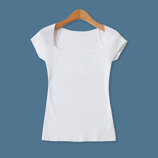 新款 方领百搭短袖 外贸女装 露锁骨修身 上衣18882 时尚 针织白T恤秋季