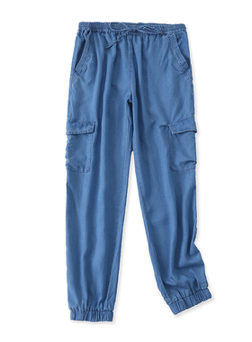 水洗棉长裤春新款外贸女装百搭松紧腰系带多口袋显瘦工装裤11906