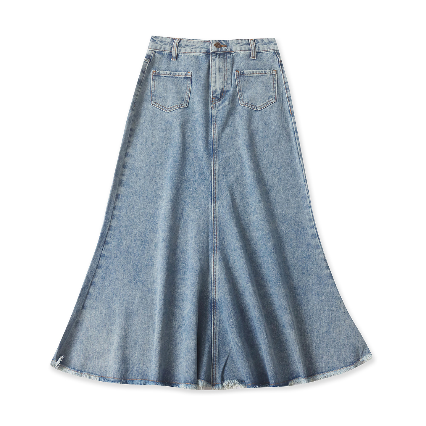 牛仔鱼尾半身裙秋新款外贸女装时尚百搭多口袋毛边包臀长裙19120