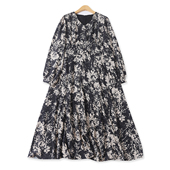 复古风百搭高腰显瘦长袖 雪纺印花长裙秋新款 外贸女装 连衣裙18797