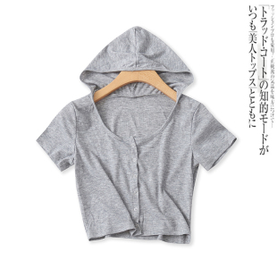 螺纹小衫 连帽T恤夏季 休闲百搭单排按扣显瘦短袖 外贸女装 15552 新款