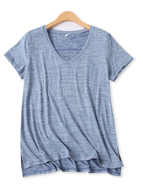 运动休闲T恤夏新款外贸女百搭V领宽松套头下摆开叉短袖上衣16946