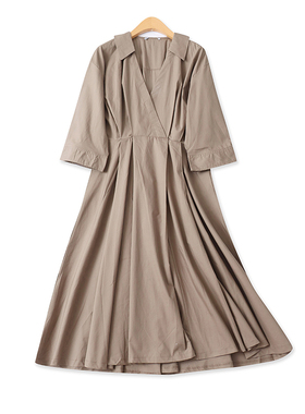 褶皱连衣裙夏新款外贸女装时尚翻领收腰侧拉链八分袖中长裙18290