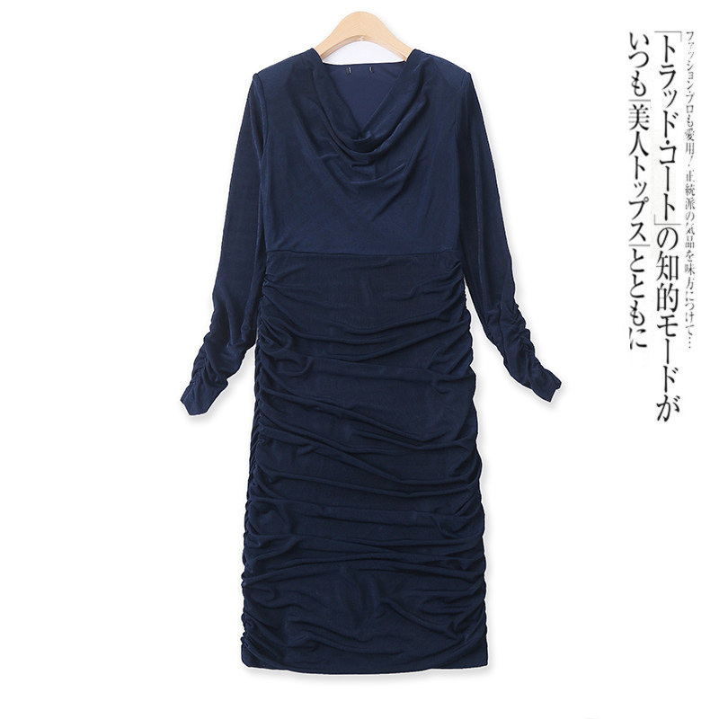 时装裙春新款外贸女装百搭堆堆褶皱拉链高腰修身长袖连衣裙12792