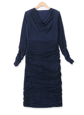 时装裙春新款外贸女装百搭堆堆褶皱拉链高腰修身长袖连衣裙12792