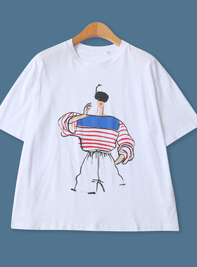 印花白T恤秋季新款外贸女装百搭休闲圆领宽松落肩短袖棉上衣18877