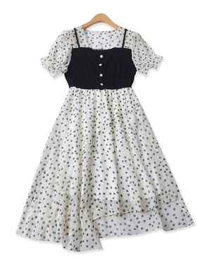 雪纺碎花裙夏季新款外贸女装撞色拼接方领修身泡泡袖中长裙17785