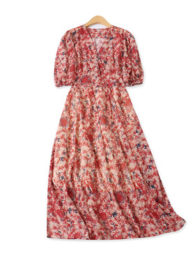 雪纺印花裙夏季新款外贸女装时尚V领收腰泡泡五分袖套头长裙18168