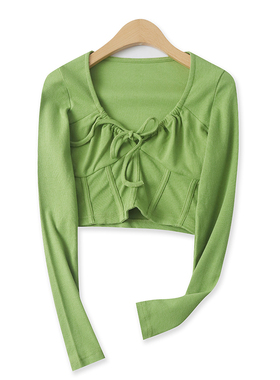 鱼骨排小衫春季新款外贸女装时尚低领口显瘦长袖系带螺纹T恤16189