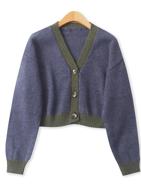 拼色短款开衫春季新款外贸女装时尚V领前扣修身长袖针织毛衣19273