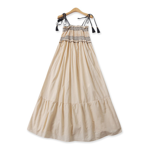 抹胸吊带裙夏季新款外贸女装度假风自由肩带花边褶皱中长裙19801