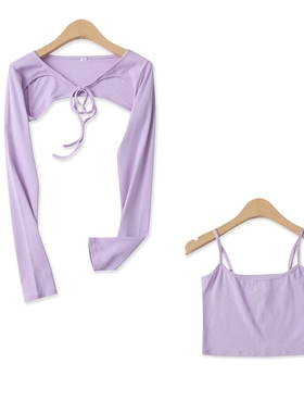 棉吊带背心两件套春夏新款外贸女装显瘦百搭+长袖短款外罩衫16237