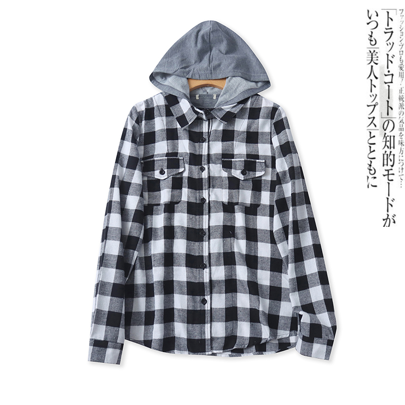 假两件格子衬衫春季新款外贸女装学院风双门襟长袖连帽上衣17678