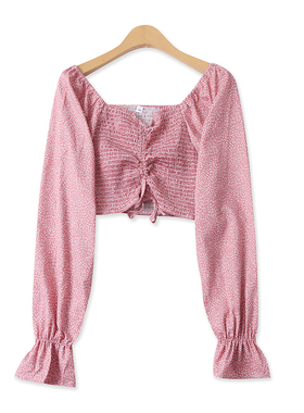 露脐印花衫春季新款外贸女装时尚百搭松紧褶皱系带长袖上衣17594