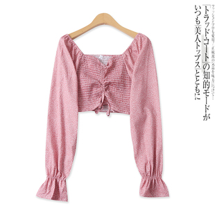露脐印花衫春季新款外贸女装时尚百搭松紧褶皱系带长袖上衣17594