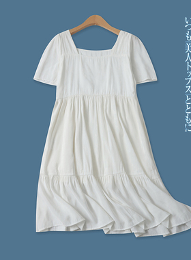 人棉方领连衣裙夏季新款外贸女装百搭时尚高腰短袖拉链中裙16555