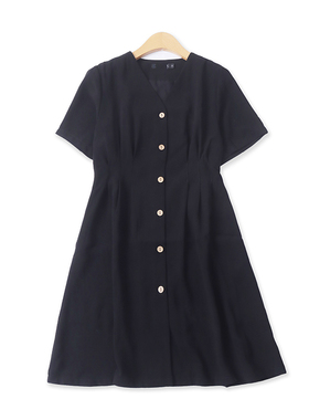 法式收腰裙夏季新款外贸女装百搭显瘦V领单排前扣短袖连衣裙17991