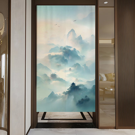 中式禅意山水画门帘隔断帘玄关厕所帘子遮挡帘卧室卫生间家用挂帘