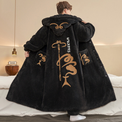 睡衣男冬季睡袍珊瑚绒加绒加厚男士青年法兰绒长袍卡通家居服套装