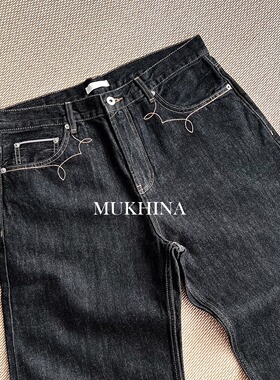MUKHINA13盎司红边窄幅赤耳原牛2021M版型退浆刺绣宽松直筒牛仔裤