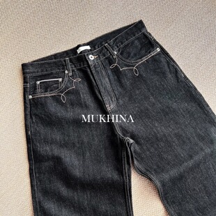 MUKHINA13盎司红边窄幅赤耳原牛2021M版 型退浆刺绣宽松直筒牛仔裤
