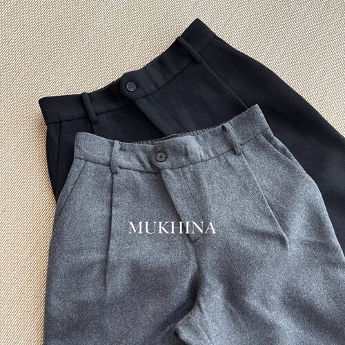 MUKHINA50%羊毛呢双褶A字西裤