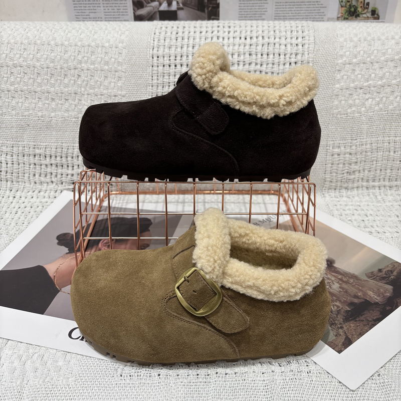 韩版2025冬季新款毛绒真皮勃肯鞋女加厚保暖魔术贴增高懒人乐福鞋