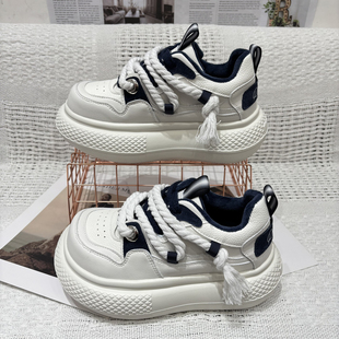 韩版2025冬季新款厚底加绒老爹鞋女真皮拼色大头小白鞋女面包鞋潮